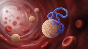 Havainnekuva Lp(a)-hiukkasesta valtimossa: LDL-hiukkanen, johon on kiinnittynyt apolipoproteiini(a) -valkuaisaine.