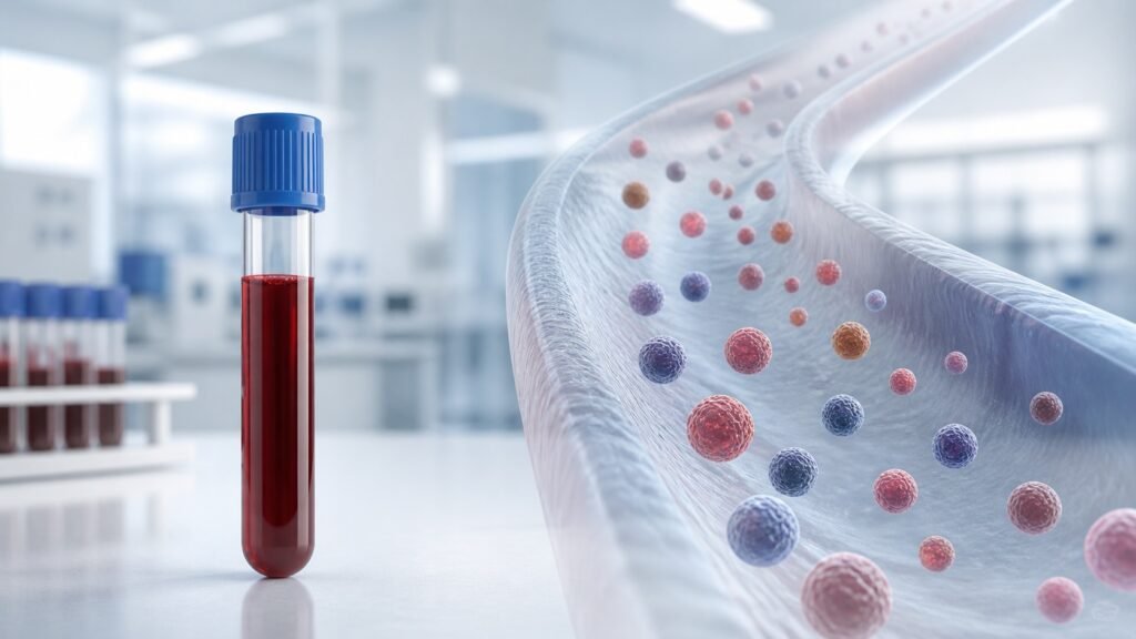 Verinäyteputki laboratoriossa ja havainnekuva valtimosta, jossa kiertää ApoB-hiukkasia.