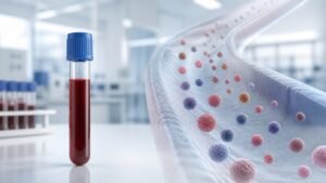 Verinäyteputki laboratoriossa ja havainnekuva valtimosta, jossa kiertää ApoB-hiukkasia.