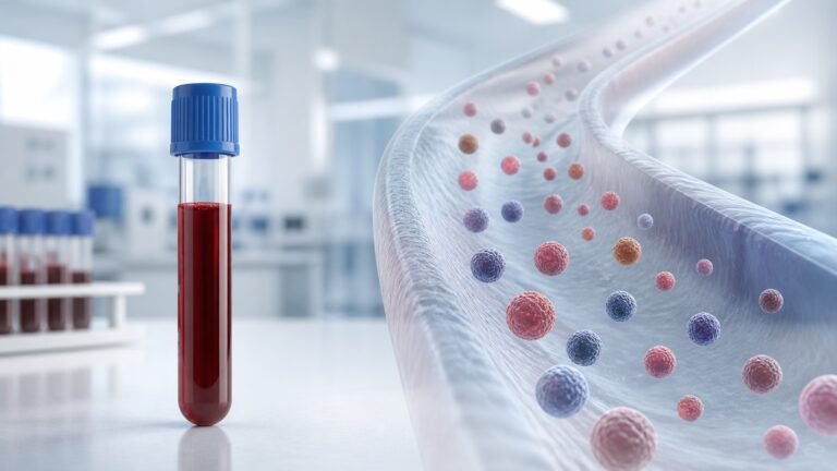 Verinäyteputki laboratoriossa ja havainnekuva valtimosta, jossa kiertää ApoB-hiukkasia.
