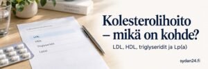 Laboratoriovastaus pöydällä: LDL korostettuna, alla HDL, triglyseridit ja Lp(a), vieressä kynä ja lääkelevy.